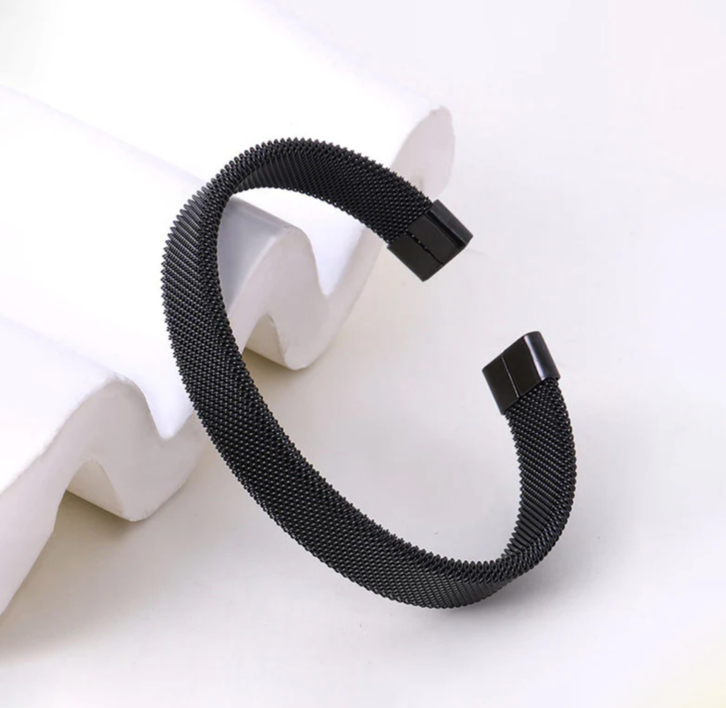 Black Silver Plated Stainless Steel Anti Tarnish Mesh Statement Cuff Bracelet For Men