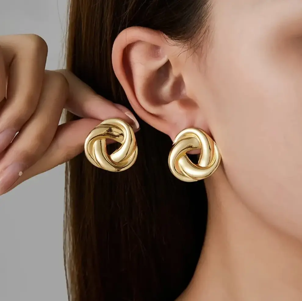 Gold Knot Statement Stud Earrings – Stainless Steel Chunky Geometric Earrings for Women