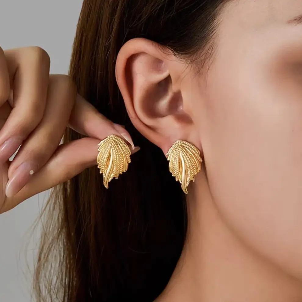 Gold Leaf Drop Earrings – Elegant Textured Leaf Statement Earrings