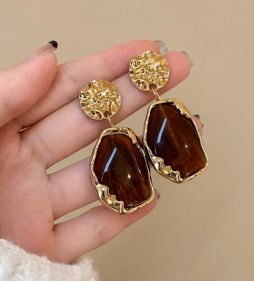 Textured Gold & Brown Stone Drop Earrings