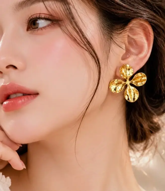 Golden Flower Statement Earrings for Women – Textured Floral Stud Earrings