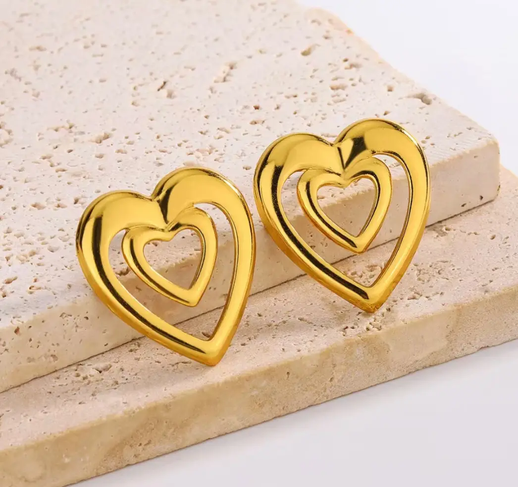 Golden Double Heart Stud Earrings – Romantic Modern Glow