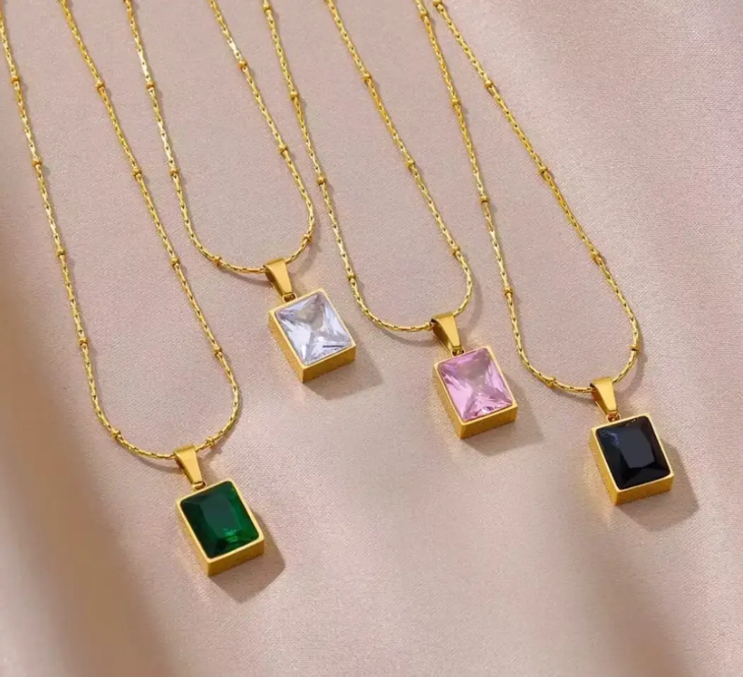 Gold Rectangular Crystal Pendant Necklace