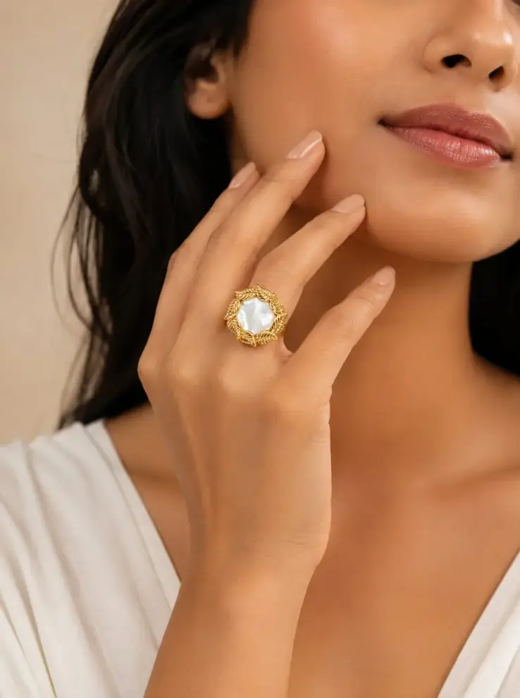 Mother of Pearl Leaf Ring – Elegant Floral Statement Ring for Women