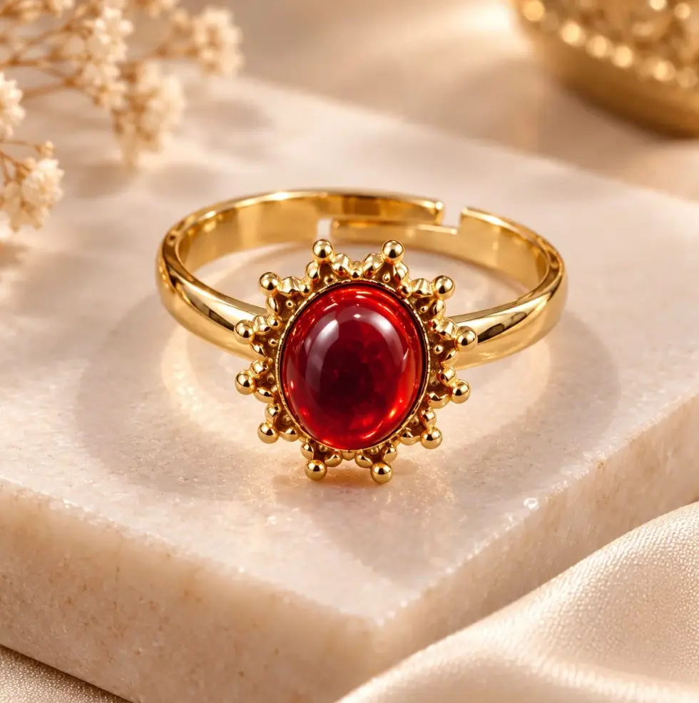 Vintage Red Gemstone Statement Ring – Gold-Tone Adjustable Ring for Women