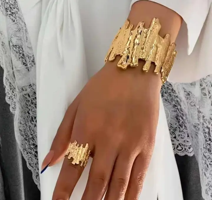 Abstract Melted Gold Cuff Bracelet & Ring