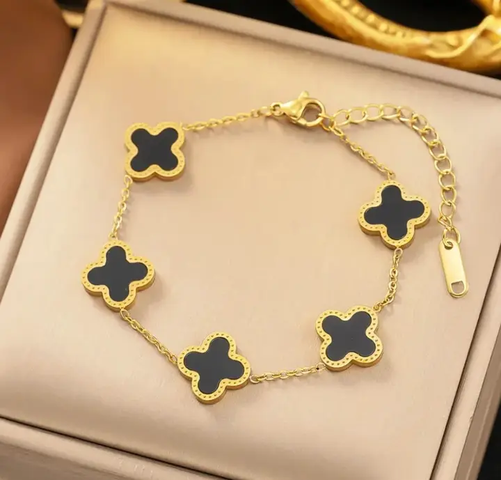Black and Gold Clover Link Bracelet for Women