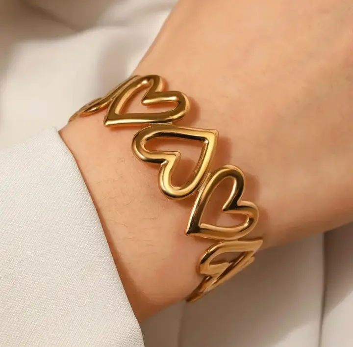 Heart-Link Gold Cuff Bracelet