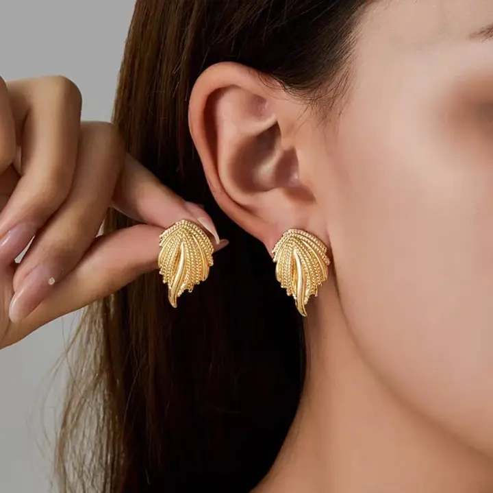 Gold Leaf Drop Earrings – Elegant Textured Leaf Statement Earrings