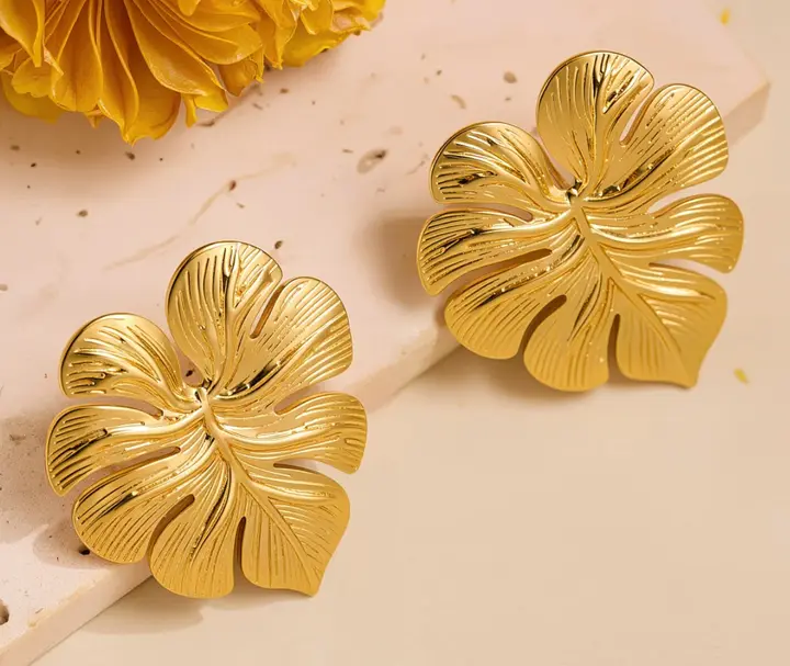 Gold Monstera Leaf Stud Earrings – Tropical Luxe Statement