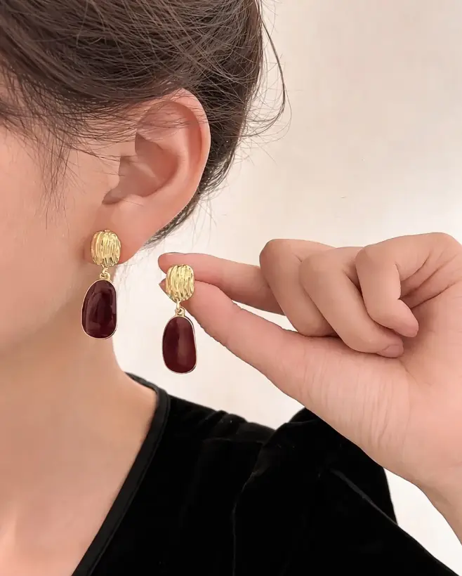Textured Gold & Marble Drop Earrings