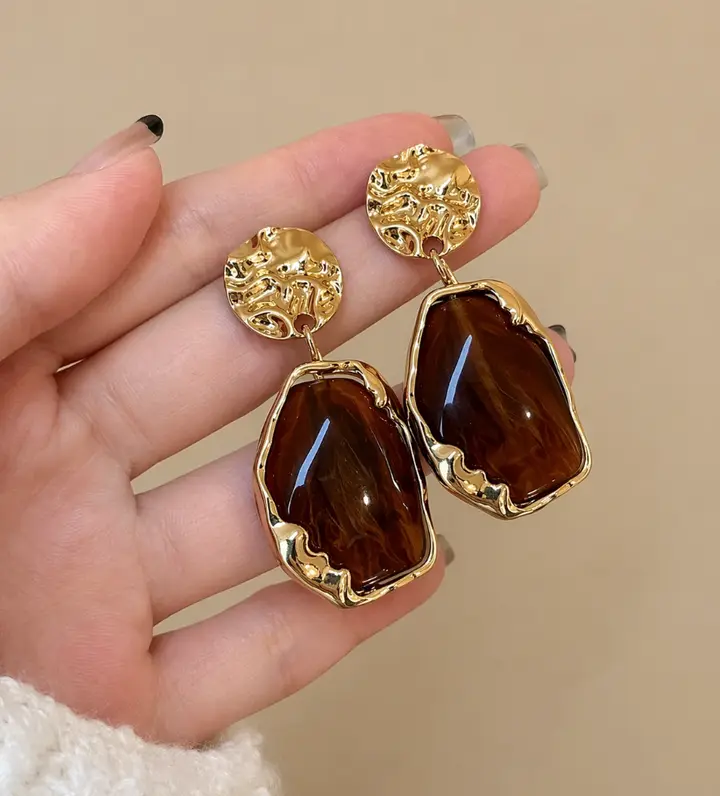 Textured Gold & Brown Stone Drop Earrings