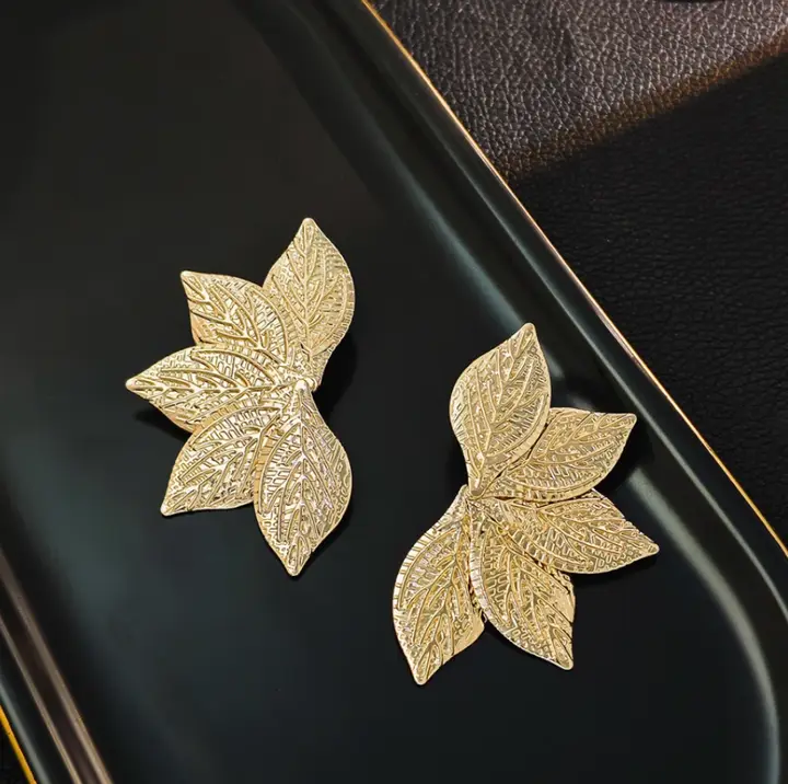Golden Botanical Leaf Statement Earrings – Nature-Inspired Elegance