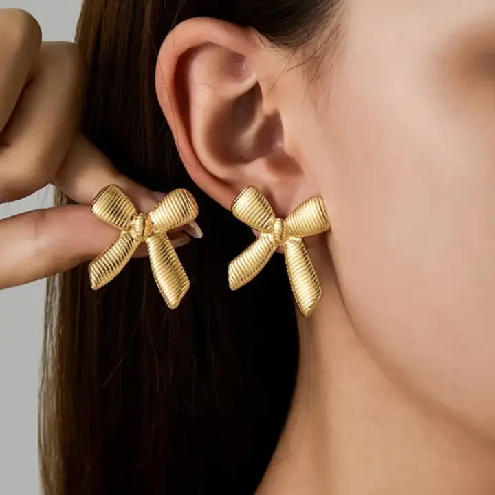 Gold-Tone Bow Statement Earrings – Elegant Ribbed Ribbon Earrings for Women