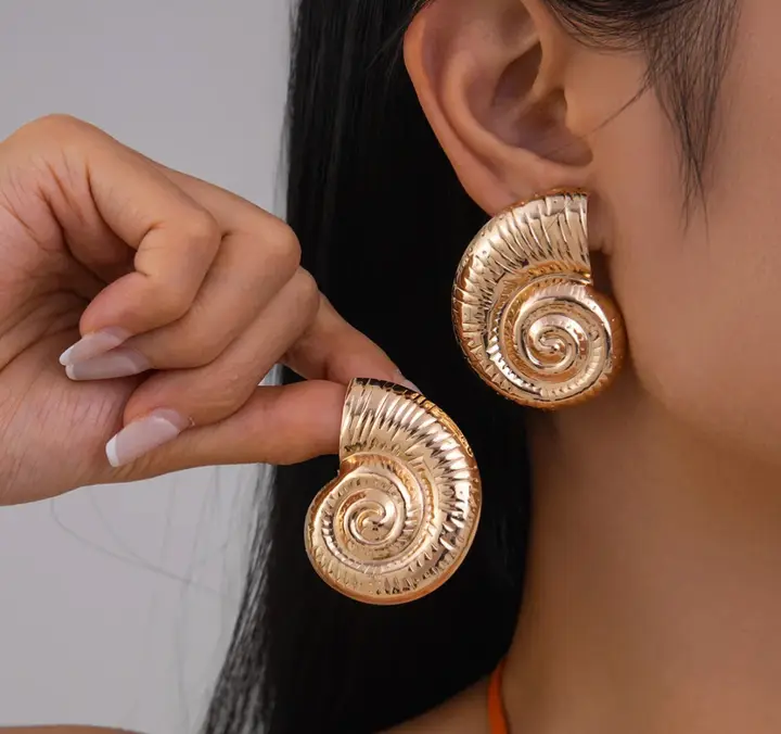 Gold Spiral Shell Statement Earrings – Ocean-Inspired Elegance