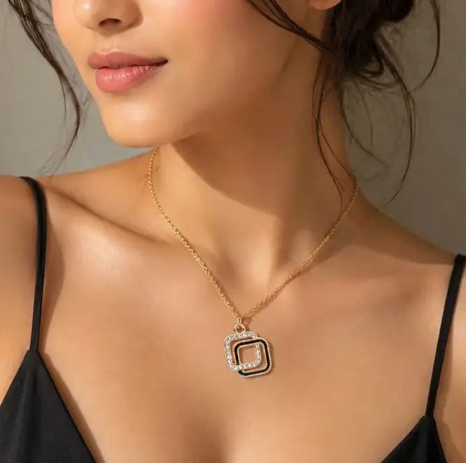 Elegant Black & Crystal Double Square Pendant Necklace