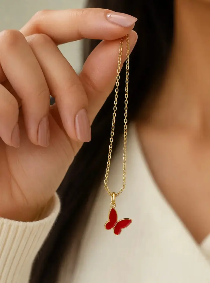 Red Butterfly Pendant Necklace – Dainty Gold-Tone Minimalist Necklace for Women