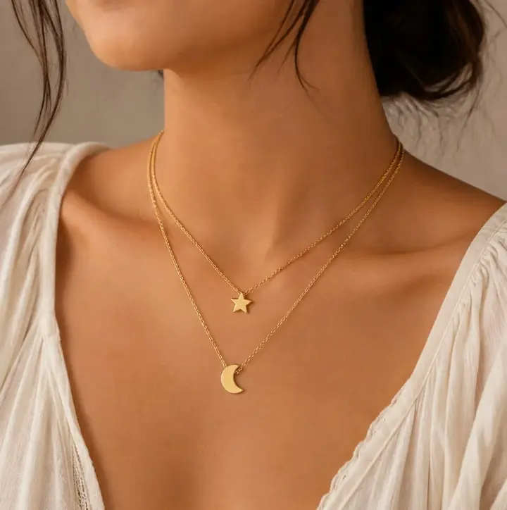 Star & Crescent Moon Layered Necklace – Minimalist Double Layer Pendant Necklace