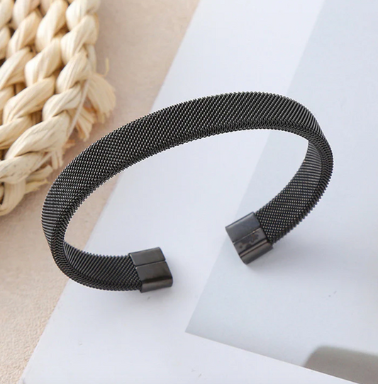 Black Silver Plated Stainless Steel Anti Tarnish Mesh Statement Cuff Bracelet For Men