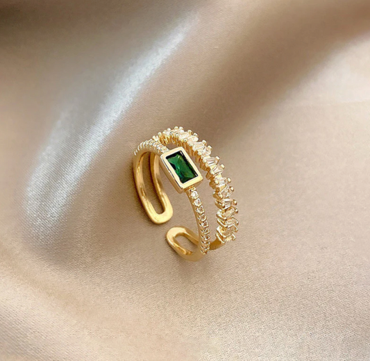 Gold Plated Stainless Steel Anti Tarnish Green Emerald Studded Adjustable Finger Ring