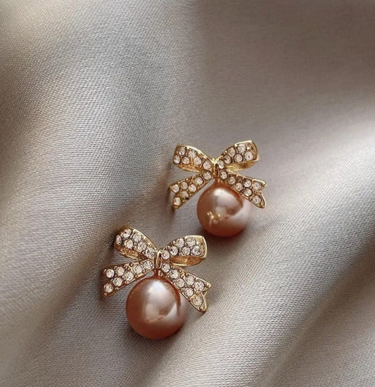 "Blushing Bow" Pave Crystal & Pearl Earrings
